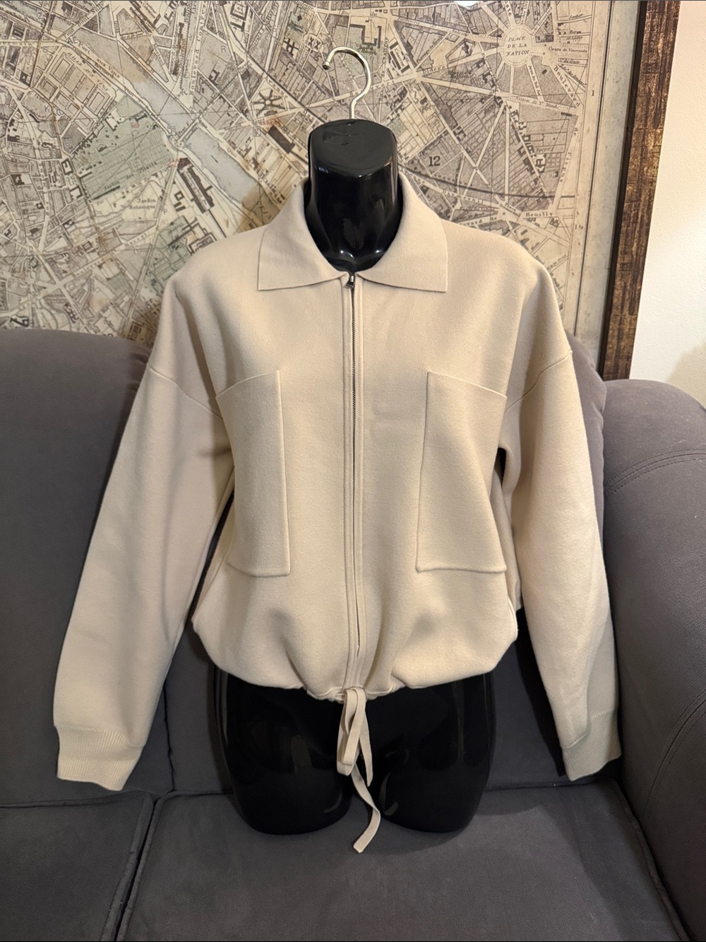 Theory Women's Cream Zip-Front Wool Bomber Jacket | Size Medium